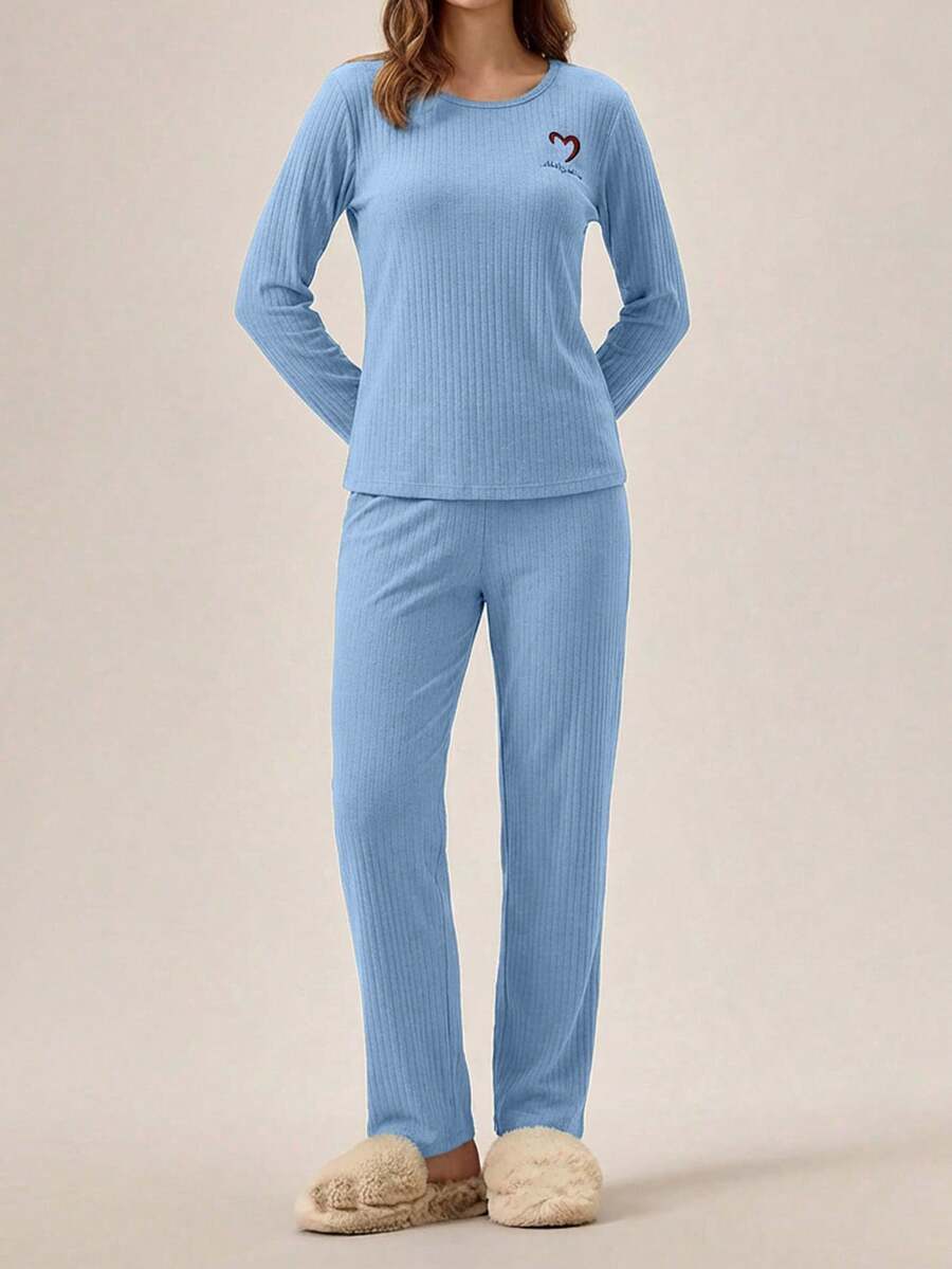 EURMUSE 100%Cotton Letter Embroidery Ribbed Knit Lounge Set - Baby Blue - View 1