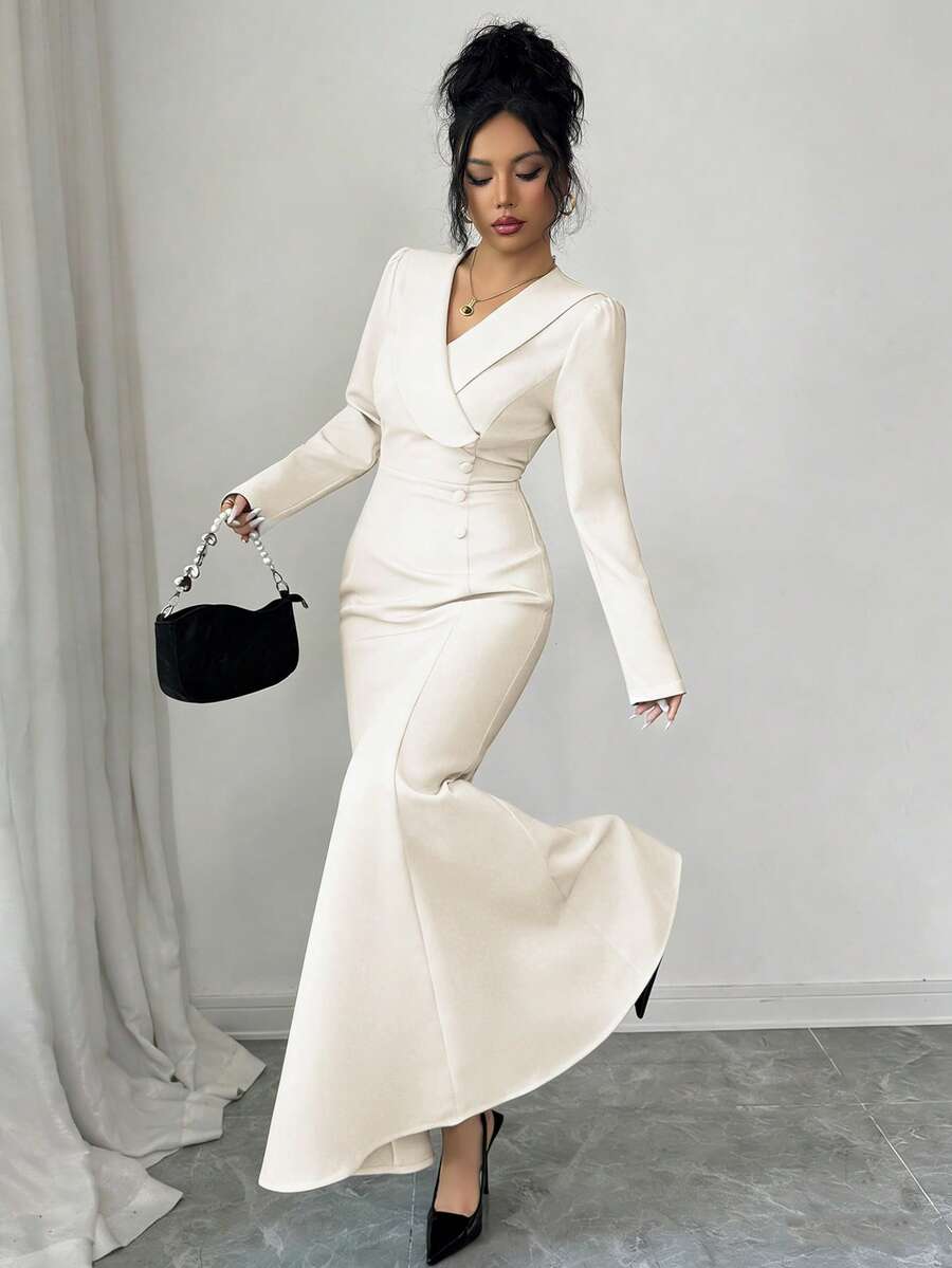 Elenzga 女士优雅不对称翻领纽扣腰部喇叭下摆长袖连衣裙，适合休闲、通勤、现代都市、度假、下午茶、圣诞节、正式派对等场合 - 杏色 - 查看 1