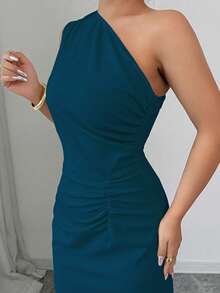 Elenzga 无袖斜肩收腰优雅浪漫数码印花女式连衣裙 - 水鴨藍 - 查看 5