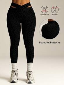 Rhythm Era 1件装女士加大码无缝性感豹纹交叉腰带健身紧身裤，适合锻炼、跑步、瑜伽等运动。 - 黑色 - 查看 1