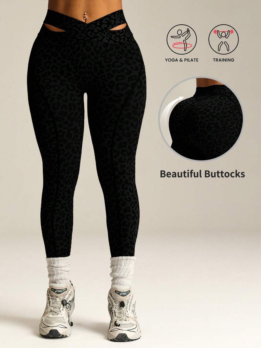 Rhythm Era 1件装女士加大码无缝性感豹纹交叉腰带健身紧身裤，适合锻炼、跑步、瑜伽等运动。 - 黑色 - 查看 1