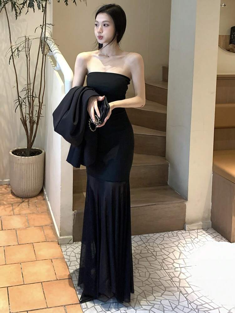 2pcs Women's Elegant Commuter Mesh Patchwork Dress And Jacket Set