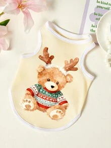 PETSIN 一件泰迪熊印花宠物背心，带鹿角图案，透气亲肤，米色款 - 米色 - 查看 1