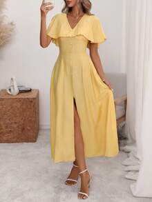 Wandoria Đầm maxi nữ thanh lịch, sang trọng, nhẹ nhàng, kiểu bohemian, thích hợp cho kỳ nghỉ/công sở, đi làm, màu trơn, cổ chữ V, tay bồng, eo chun, vạt xòe, xẻ tà trước, có túi cài nút trang trí, thích hợp cho mùa xuân/hè. - Màu vàng - Xem 8