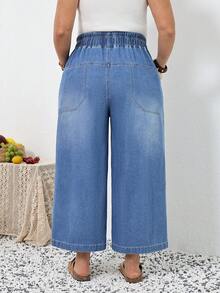 SHEIN CURVE+ 大码女式休闲日常通勤度假风抽绳腰宽松阔腿牛仔裤，春夏情人节狂欢节服装通勤度假毕业时尚Y2K可爱街头风派对婚礼优雅商务休闲女式大码牛仔阔腿裤，弹性腰抽绳带口袋，舒适宽松版型 - 藍色 - 查看 3