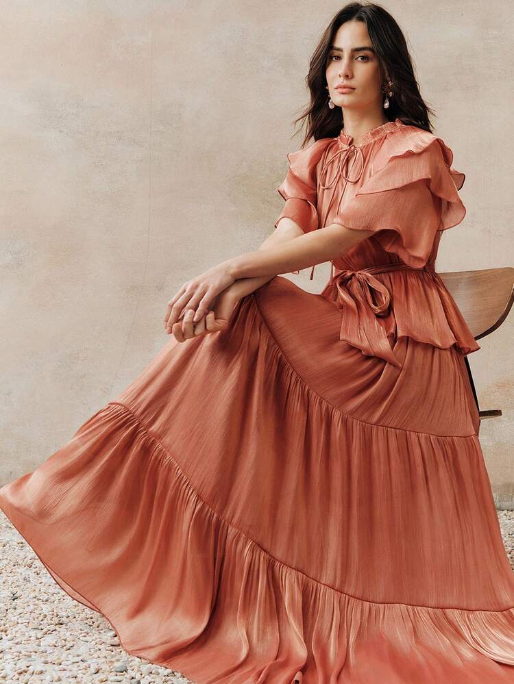 Women's New Elegant Long Dress, Tie Waist Layered Cake Skirt, Business Casual Luxury Wedding Guest Evening Gown, Spring/Summer French Style Dress Ruffle Maxi Dress