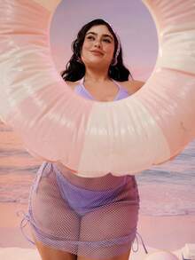 Swim Vcay 新款加大码女式三件套比基尼，紫色网纱，三角上衣，系带下装，网纱迷你裙，泳衣 - 紫色 - 查看 8