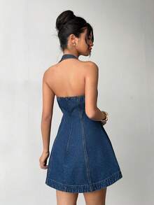 Aloruh Women's Sexy Deep V-Neck Sleeveless Short Denim Dress,Valentine's Day,Summer,Carnival,Beach,Party,Elegant Party Dress,Going Out - Blue - View 2