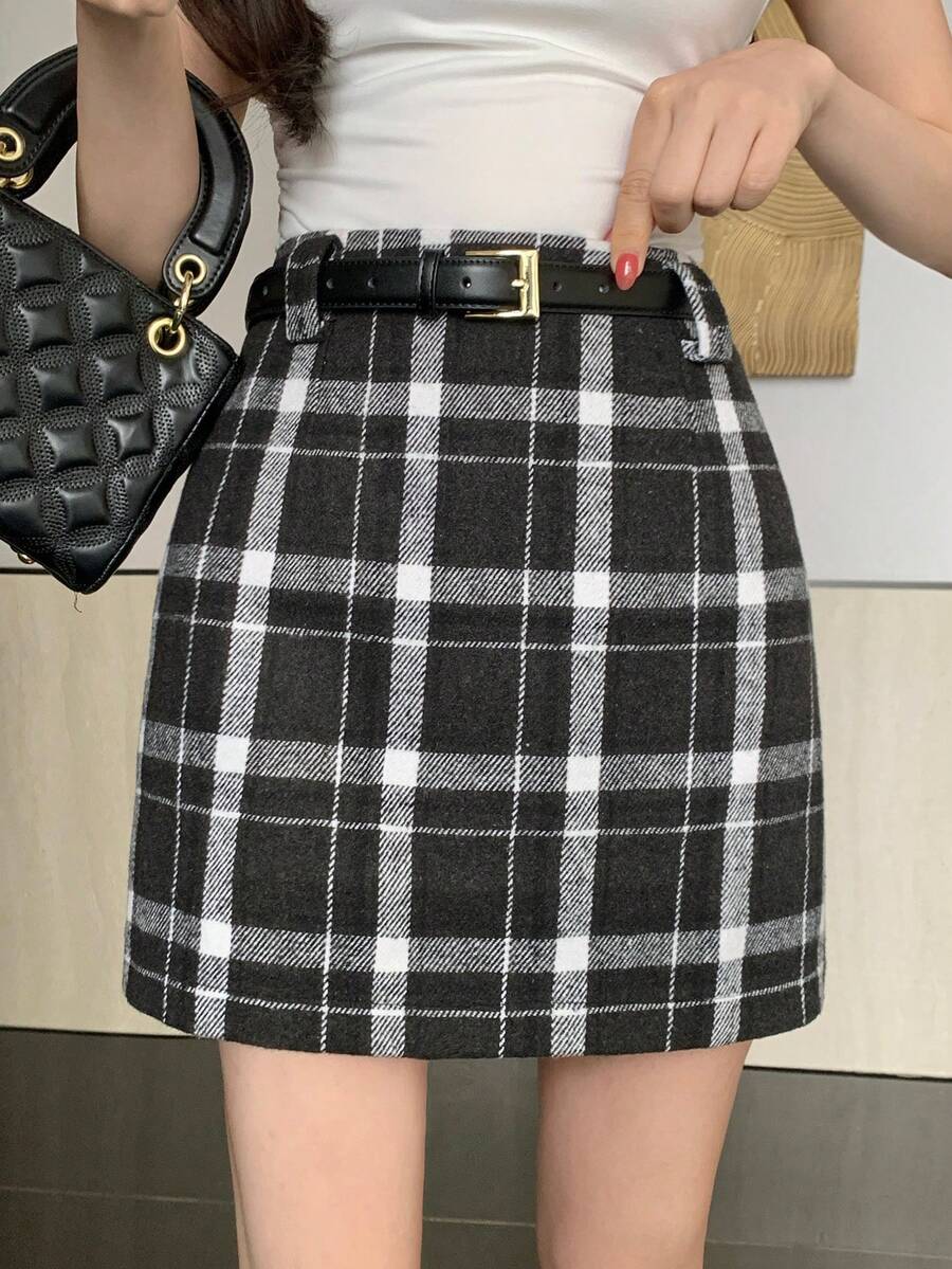 DAZY 女士格子迷你裙,春秋季休闲款 - 深灰色 - 查看 1