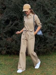 Livesso Women's Casual Denim Jumpsuit With Collar, Tie Waist - Beige - View 1