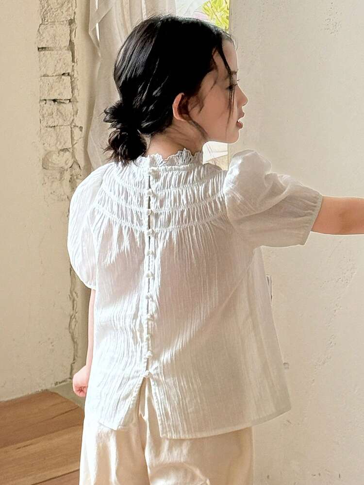 Young Girls Lace Patchwork Loose Puff Sleeve Blouse, Korean Style