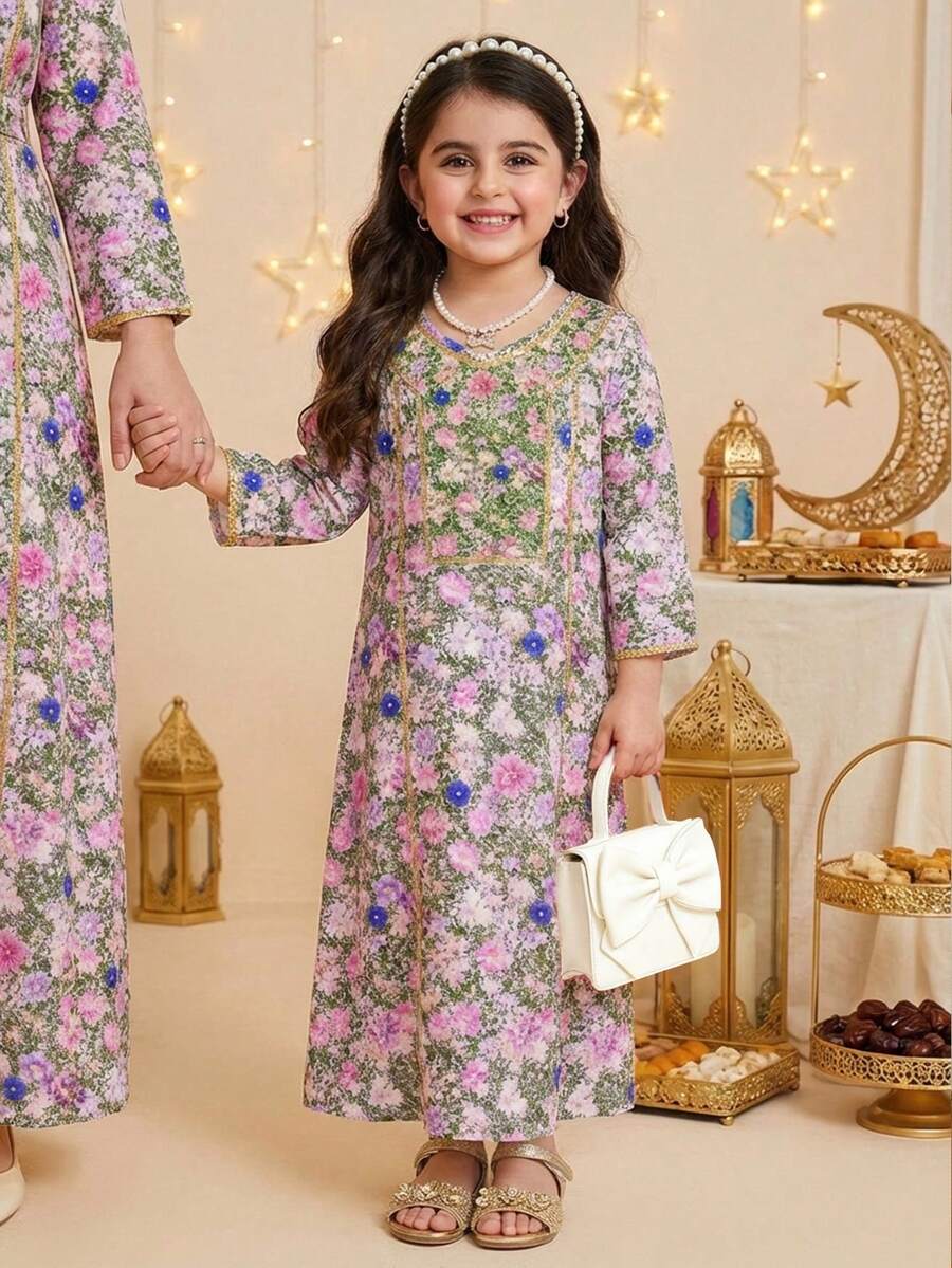 [1 Piece]4-7 Year Old Girl Lavender Middle Eastern Forest Style Floral Pattern Gold Border Long Sleeved Dress For Autumn,Family Matching,Wedding Guest - Multicolor - View 1
