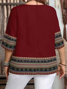 EMERY ROSE 女士休闲简约红色底几何条纹复古印花七分袖衬衫，适合春夏穿着 - 彩色 - 查看 2