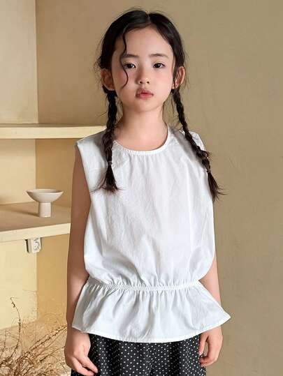 DAZY Girls (Small) Round Neck Solid Color Casual Ruffle Trim Sleeveless Korean Style Blouse, Spring/Summer