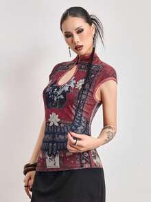 ROMWE Avant 复古中国风佛像图案抽绳女式衬衫 - 彩色 - 查看 6