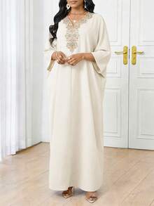 SHEIN Lady 女士花卉刺绣V领蝙蝠袖宽松优雅连衣裙 - 米色 - 查看 5