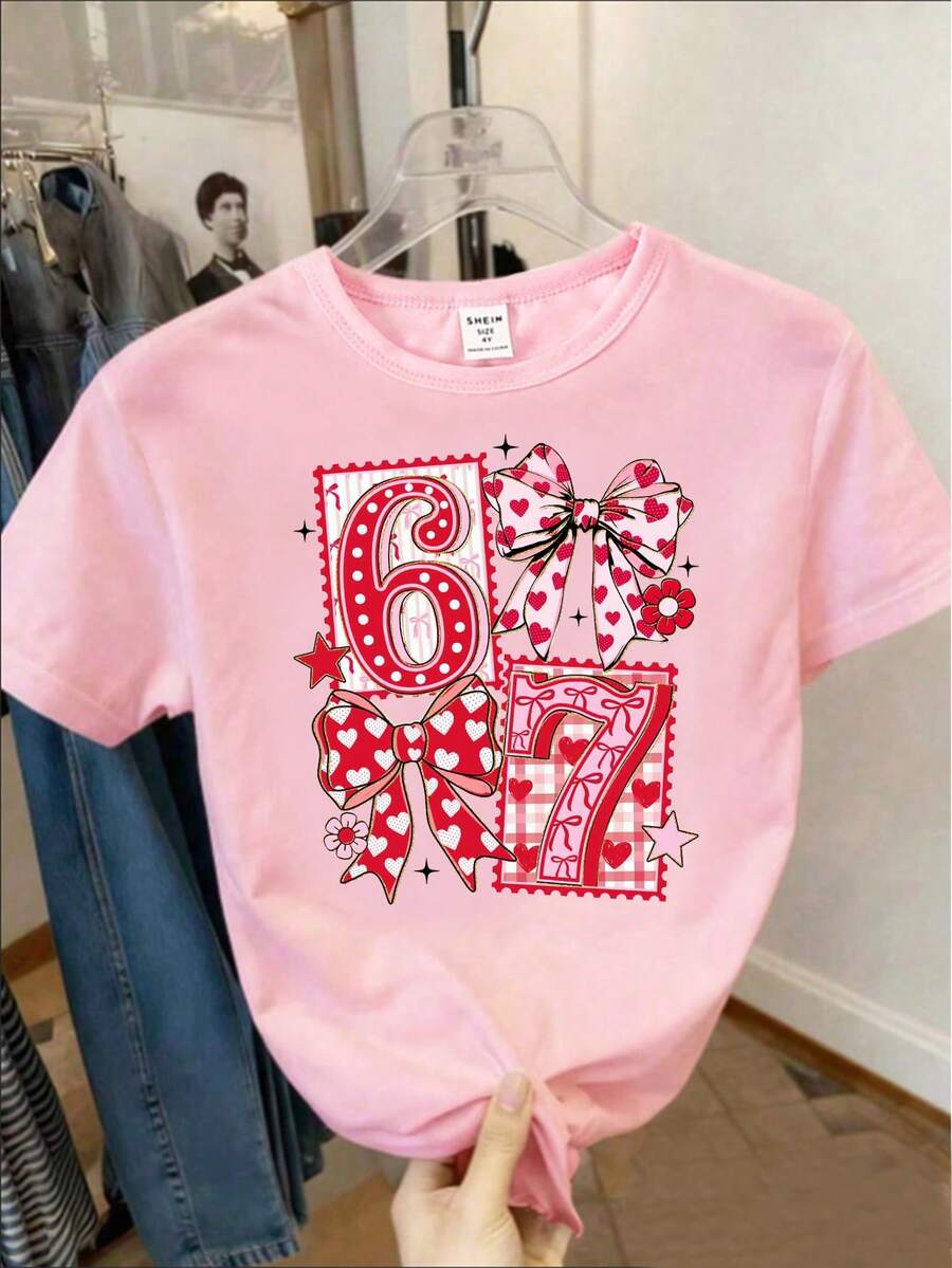 Áo thun ngắn tay cơ bản dành cho bé gái tuổi teen, phong cách thường ngày, sáng tạo, cá tính, tươi mới, tối giản với họa tiết chấm bi, số 67, nơ, trái tim, hoa, ngôi sao, thoải mái, phù hợp cho mùa xuân/hè, không khí lễ tình nhân. - Hồng - Xem 1