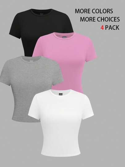 GlowEve Set de 4 camisetas interiores de mujer de manga corta, cuello redondo y ajustadas de unicolor