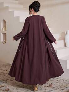 Al Najma Women's Purple Long Sleeve Beaded Elegant Arabic Abaya, Spring/SummerLong Purple Plain Abaya With Regular Sleeves And Delicate EmbroideryLong Purple Plain Abaya With Regular Sleeves And Delicate Embroidery Plum Rhinestone Leaf Embellished Open Elegant Open Front & Maxi Length Silhouette Spring Break Modest Glam Outfit Garden Party Modest Maxi Premium Smooth Crepe Fabric Modest Glam & Feminine Aesthetic Timeless Islamic Fashion Staple - Purple - View 2