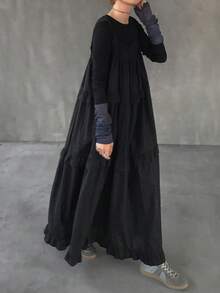 FRIFUL 女士纯色100%棉吊带褶皱荷叶边宽松休闲连衣裙长裙 - 黑色 - 查看 4