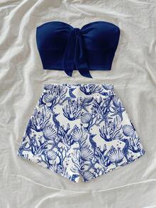 Soleia Women's Summer Casual Vacation Knotted Front Tube Top And Shell Print Shorts 2 Pieces Set Spring - Multicolor - View 4