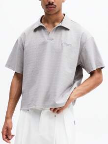 SUMWON Geometric Patterned Short Sleeve Collared Polo Shirt With Partial Button Placket Classic Casual Summer Style Regular Fit Men - Grey - View 5