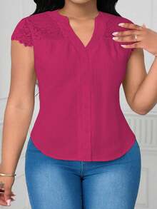 SHEIN Clasi Plus Size Contrast Lace V-Neck Textured Fabric Blouse - Hot Pink - View 4