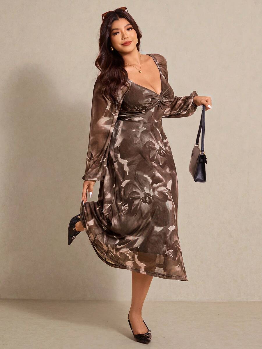 Elaquor Đầm midi ôm sát dáng suông, thanh lịch và thời trang, cổ chữ V, thắt nút xoắn, chất liệu nhung, cỡ lớn, phù hợp cho các sự kiện trang trọng và tiệc tùng mùa thu/đông. - Nhiều màu - Xem 1