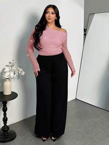 Firerie 优雅简约珍珠串珠长袖网纱不对称肩部T恤 - 粉色 - 查看 3