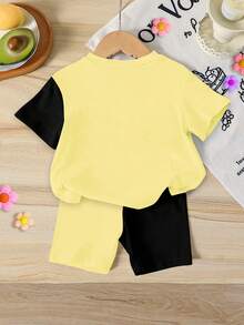 两件套少女休闲时尚韩流卡通图案短袖圆领T恤短裤套装，撞色T恤套装，舒适百搭，适合日常、度假、休闲穿着，春夏皆宜。 - 彩色 - 查看 2