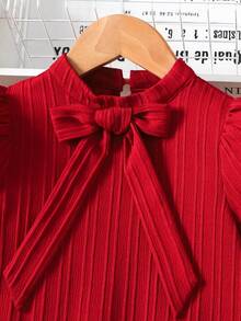 SHEIN 少女红色泡泡袖可爱大蝴蝶结A字连衣裙，优雅时尚，百搭实用，适合派对、郊游、姐妹合照、公园、露营、度假、日常休闲穿着。