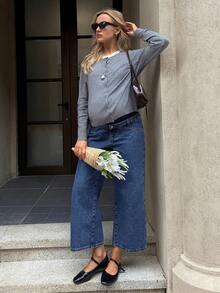 SHEIN Jeans premaman a vita elastica, ampi, in colore unito, con tasche, versatili, adatti per primavera-estate, San Valentino, carnevale, pendolarismo, vacanze, laurea, stile Y2K carino, feste, matrimoni, eleganti e casual, comodi, taglie comode, in misto cotone traspirante e vestibilità morbida per donne in gravidanza - Blu - Visualizzare 4