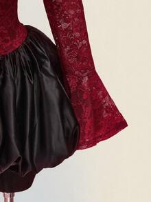 SHEIN ICON 女士加大码复古性感优雅千禧风 Y2K 情人节：高领系带镂空喇叭长袖酒红色蕾丝修身上衣 - 酒紅色 - 查看 4