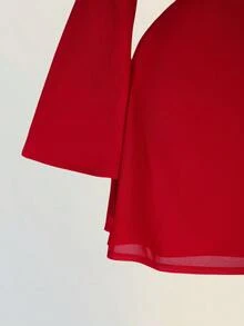 SHEIN ICON Plus Size Retro Sexy Elegant Women's Ball Party Evening Banquet Valentine's Day Outfit Round Neck Backless Swing Neck Flared Long Sleeve Bright Red Mesh Fitted Waist Flowing Skirt Dress - Red - View 6