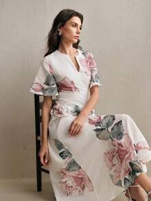 Anewsta 女款白色與粉色玫瑰花卉印花優雅圓領短袖A字長洋裝，夏季荷葉邊飾婚禮伴娘禮服 - 彩色 - 查看 3