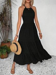 Breezaya Đầm maxi nữ màu trơn tối giản, kiểu dáng thường ngày, chất liệu đan chéo, thích hợp cho kỳ nghỉ hoặc đi biển. - màu đen - Xem 5