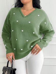 EURMUSE 女士纯色 V 领心形图案大码毛衣，休闲优雅，适合冬季日常穿着 - 綠色 - 查看 1