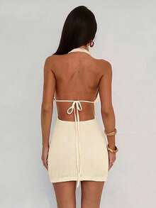 Aloruh Women's Vacation Deep V Starfish Solid Color Textured Halter Backless Tie Mini Dress - Apricot - View 3