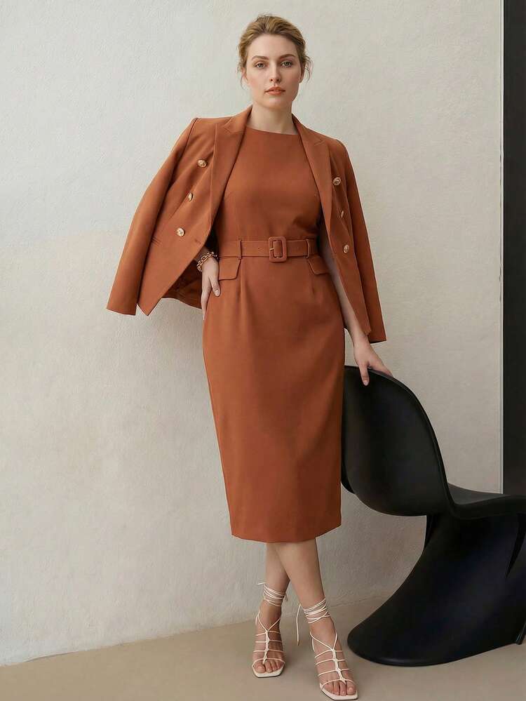 PLUS ELEGANT BOAT NECK SLEEVELESS STRAIGHT MIDI DRESS