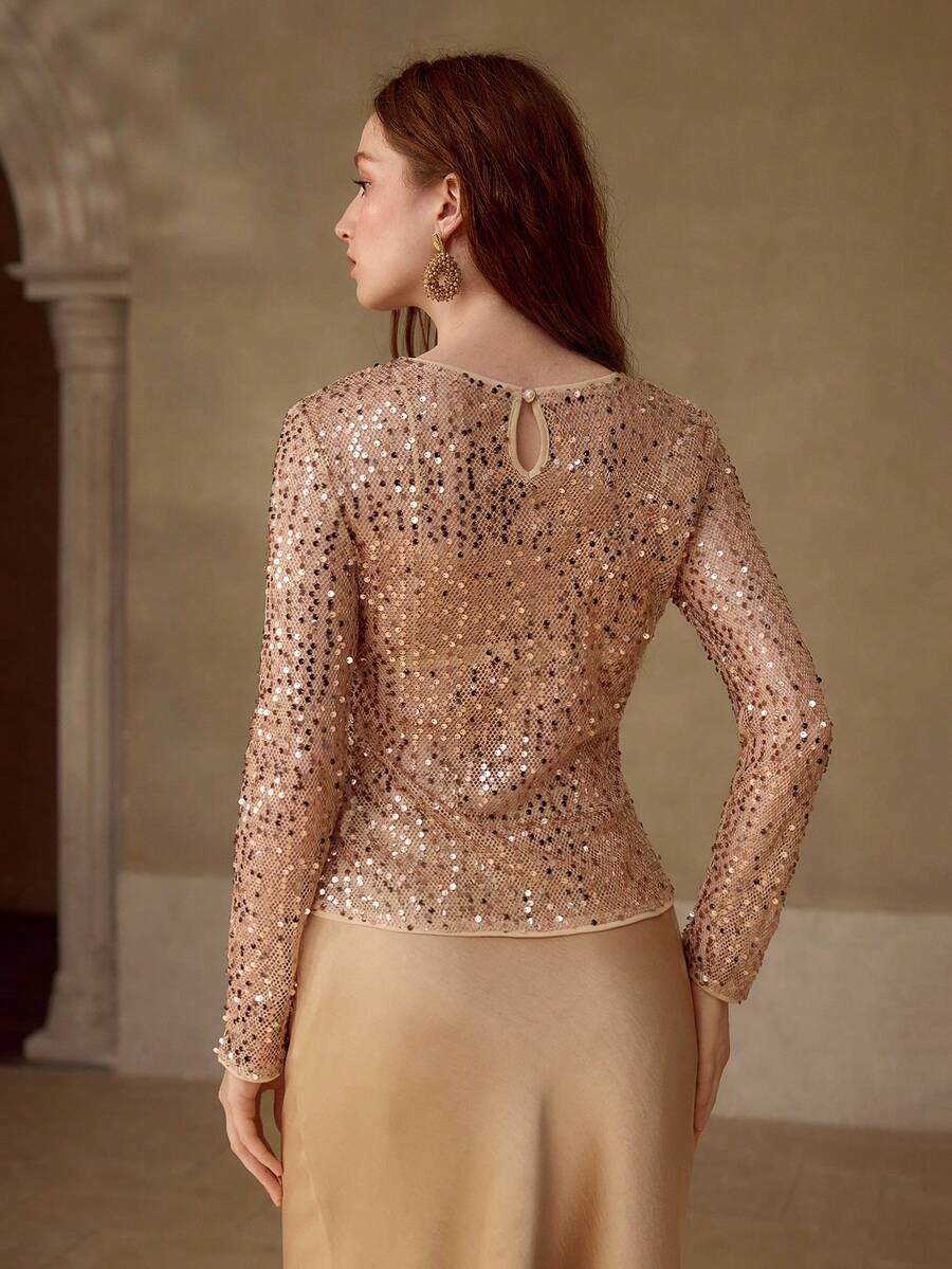 MOTF PREMIUM SEQUIN EMBROIDERED FASHIONABLE BASIC KNIT T-SHIRT - Gold - View 2