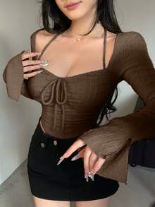 DAZY 女士纹理绒毛系带领口抽绳喇叭袖粉色长袖上衣，秋冬Y2K风格 - 棕色 - 查看 5