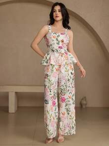 DAZY Bộ đồ 2 mảnh thanh lịch dành cho nữ, gồm áo vest không tay cổ vuông thắt eo in hoa và quần ống rộng, thích hợp cho mùa hè, xuân, dự tiệc cưới. - Màu be - Xem 4