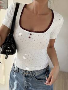 Livesso 女士波点蕾丝镂空方领短袖休闲街头度假白色打底T恤，春夏款 - 白色 - 查看 6