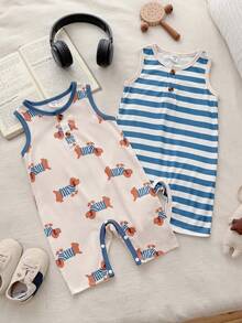 Vintaside Kids Baby Boys Cute Sleeveless Round Neck Short Romper Set With Striped And Dog Print Contrast Piping - Multicolor - View 1