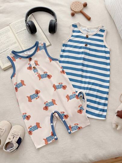Vintaside Kids 男婴休闲可爱条纹小狗图案圆领无袖连体衣，适合日常穿着，室内外皆宜，春夏款