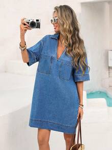 Vivid Eden New Arrival Loose Denim Dress With Lapel Collar, Short Sleeve, European And American Style Women - Medium Wash - View 1