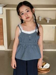 DAZY Young Girls 2 In 1 Korean Style Plaid Contrast Color Lace Patchwork Ruffle Hem Sleeveless Camisole Shirt Summer - Blue - View 3