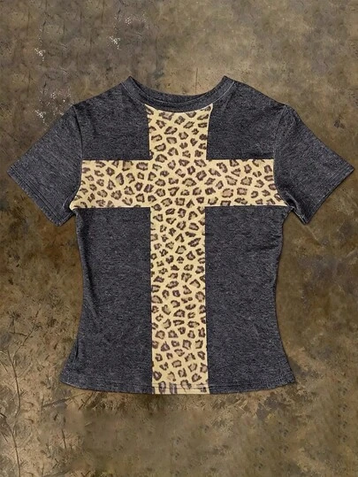 Glimmora Women's Leopard Print Cross Graphic Round Neck Short Sleeve Casual T-Shirt