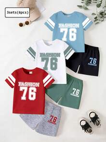 SHEIN GraphicGems 6件套 4-7岁男童运动休闲套装，数码印花撞色圆领短袖上衣+撞色短裤，轻便休闲帅气日常夏季短裤套装，红/白/蓝 - 彩色 - 查看 3