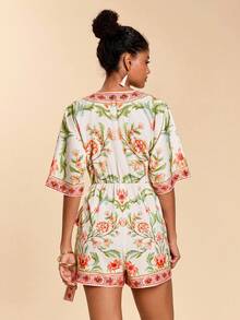 SHEIN TRVLCHIC 女士碎花短袖侧系带连体裤 - 粉色 - 查看 2
